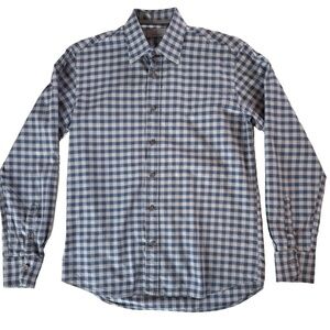 CANALI Dress Shirt Men Large Gingham Plaid Blue Grey Cotton Long Sleeve Italy
